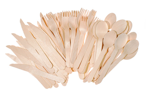 Collection of birch wood forks, knives, and spoons
