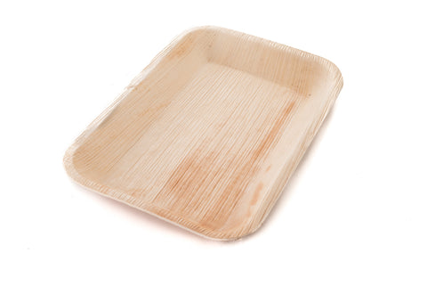 9 inch rectangle palm leaf tray at angle